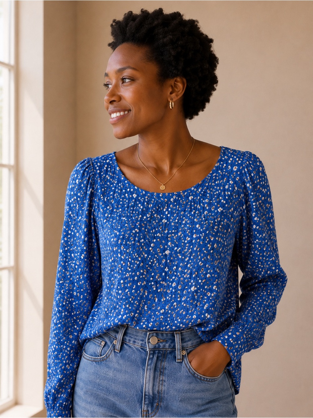 LOFT Blue Floral Long-Sleeve Top